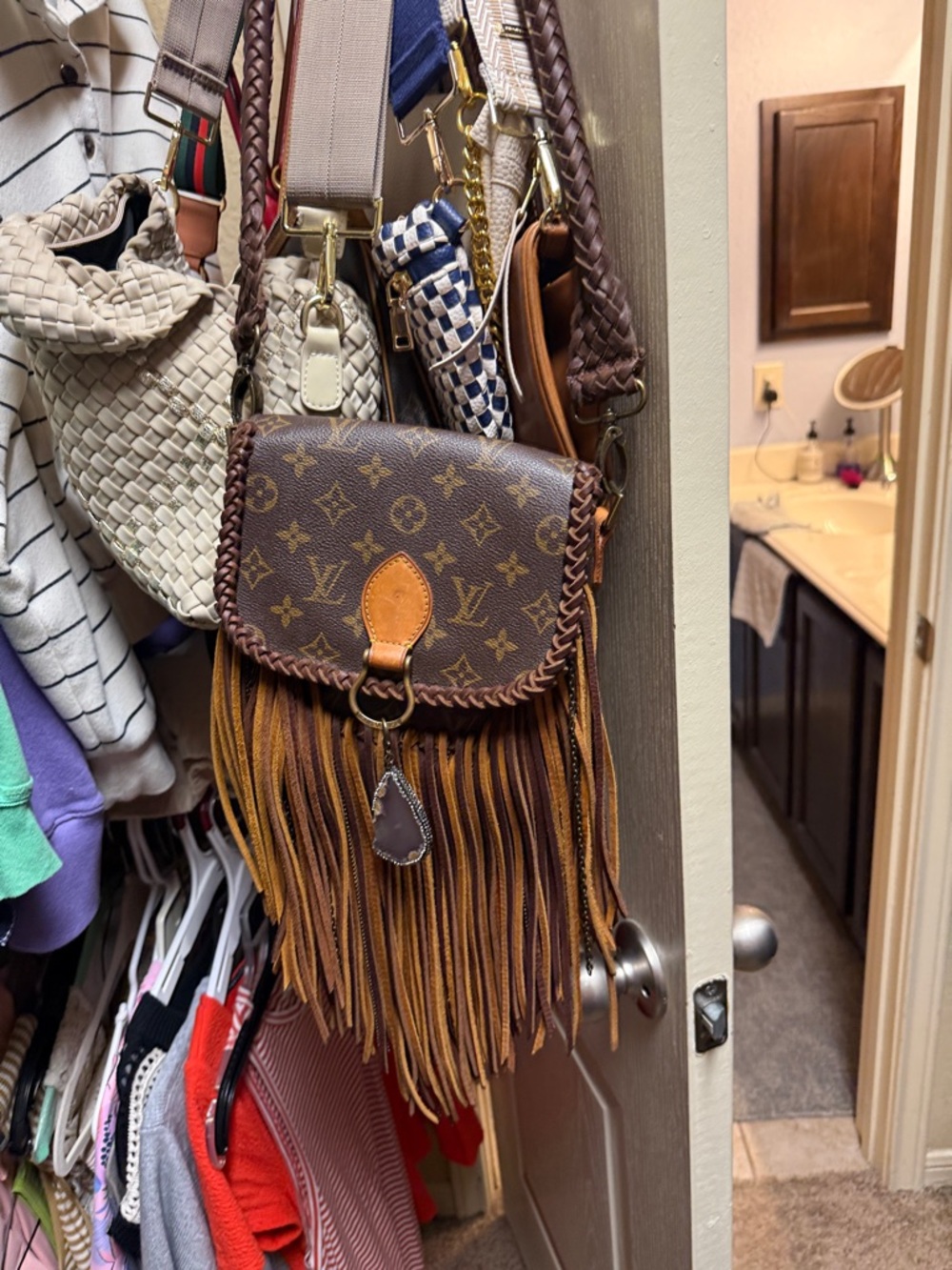 Fringe Leather Crossbody Bag in Brown and Tan